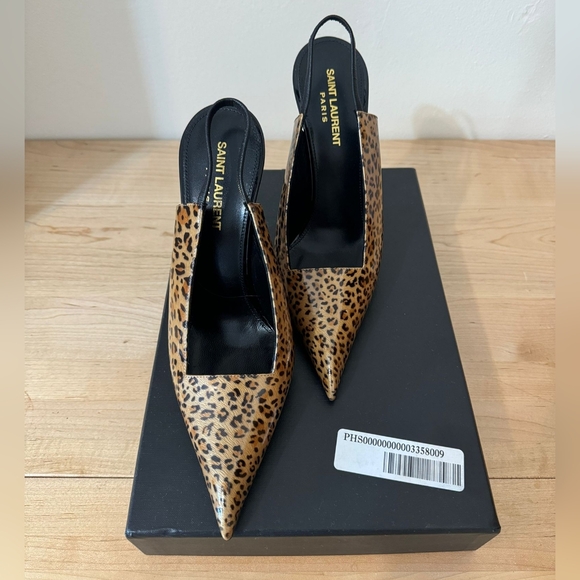 NIB Saint Laurent Raven Slingback Pumps In Leopard print Patent Leather 38 (8) - Picture 2 of 7
